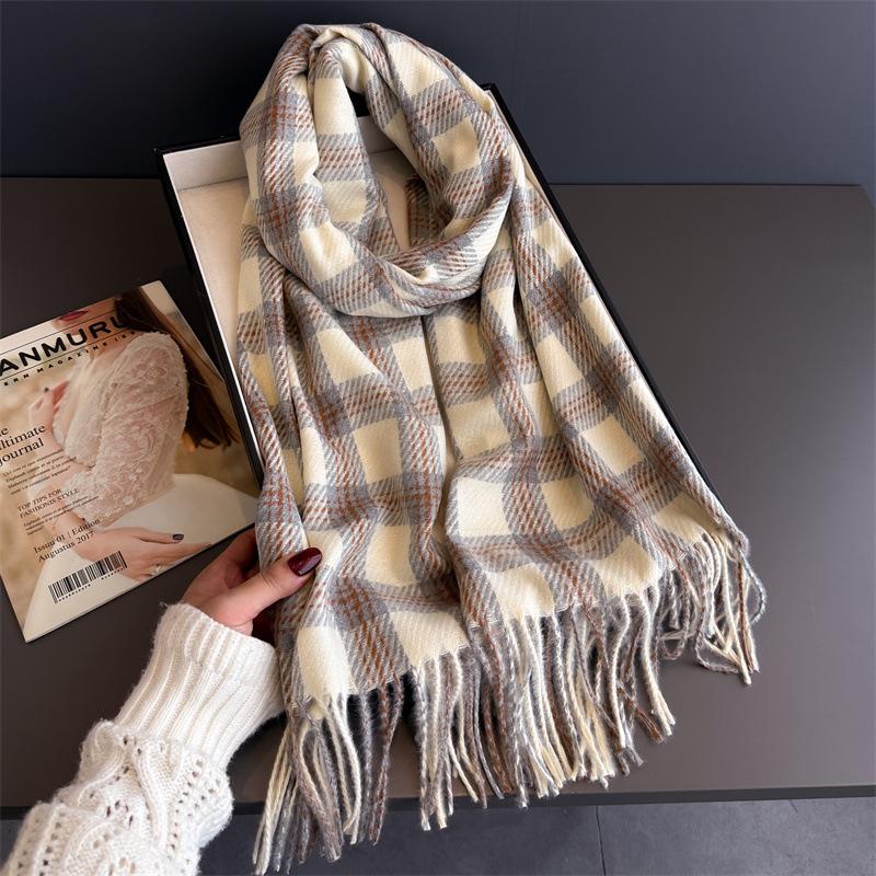 Korea Styles Luxury Stripe Winter Women Scarf Imitation Cashmere Blanket Thick Warm Pashmina Shawl Wraps Tassel Echarpe