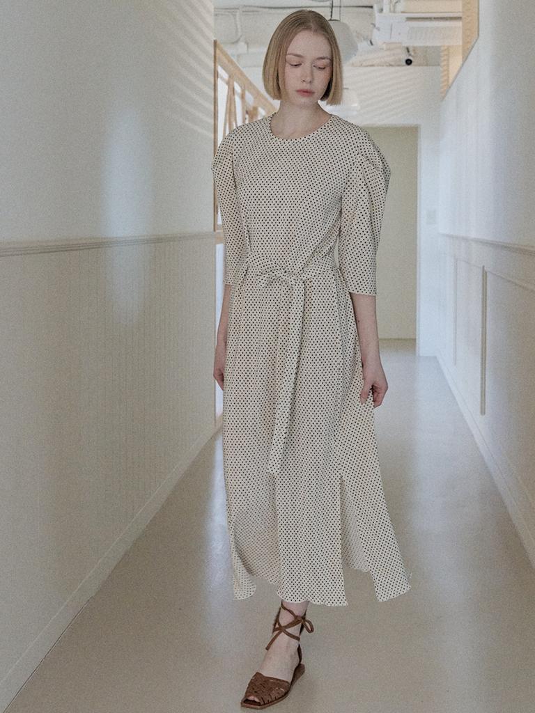 Avang Dot Pleated Puff Sleeve Dress - Ivory
