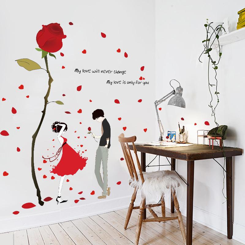 Valentines Day Romantic Rose Love Couple Wall Sticker for Bedroom Living Room Sofa Background Wall Decoration