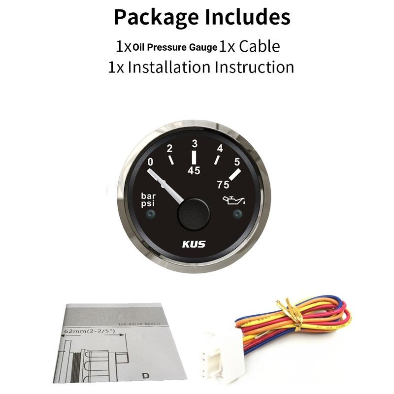 KUS Cars Oil Pressure Gauges 52mm 0-5Bar Show Oil Pressure Meters 10-184ohm Signal Red or Yellow Backlight 0-75Psi