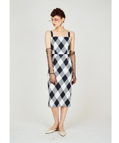 Greedius Line Check Print Strap Shoulder Dress