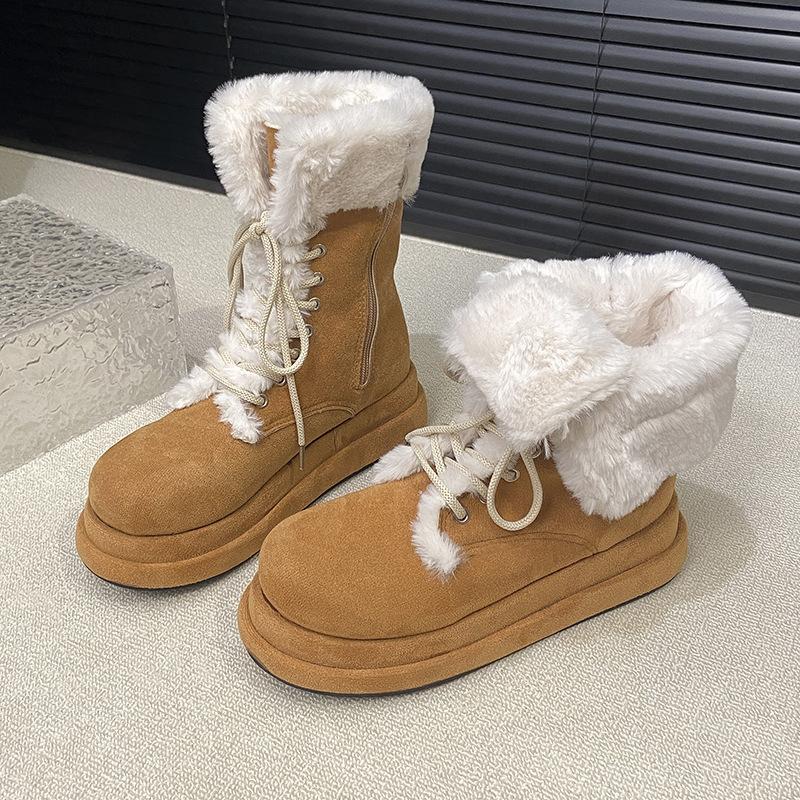 Medium Tube Thick-soled Snow Boots Women's Winter 2025 New Internet Celebrity Foreign Style Martin Strap Fluffy Boots Piled Thickened Cotton Shoes