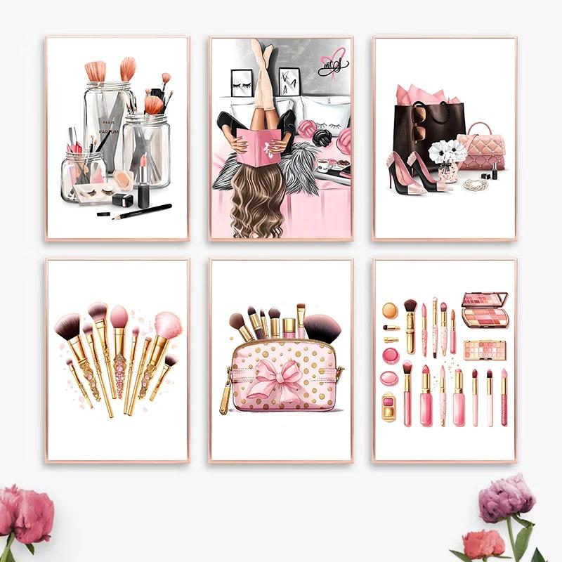 Fashion Girly Pink Makeup Collection EyeLash Lipstick Perfume Poster Canvas Painting Wall Art Pictures Home Bedroom Decor
