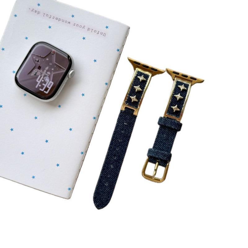 Starry Denim Leather Strap for Apple Watch 11, iWatch 109876E, Huawei GT6, and Xiaomi 9 Pro.