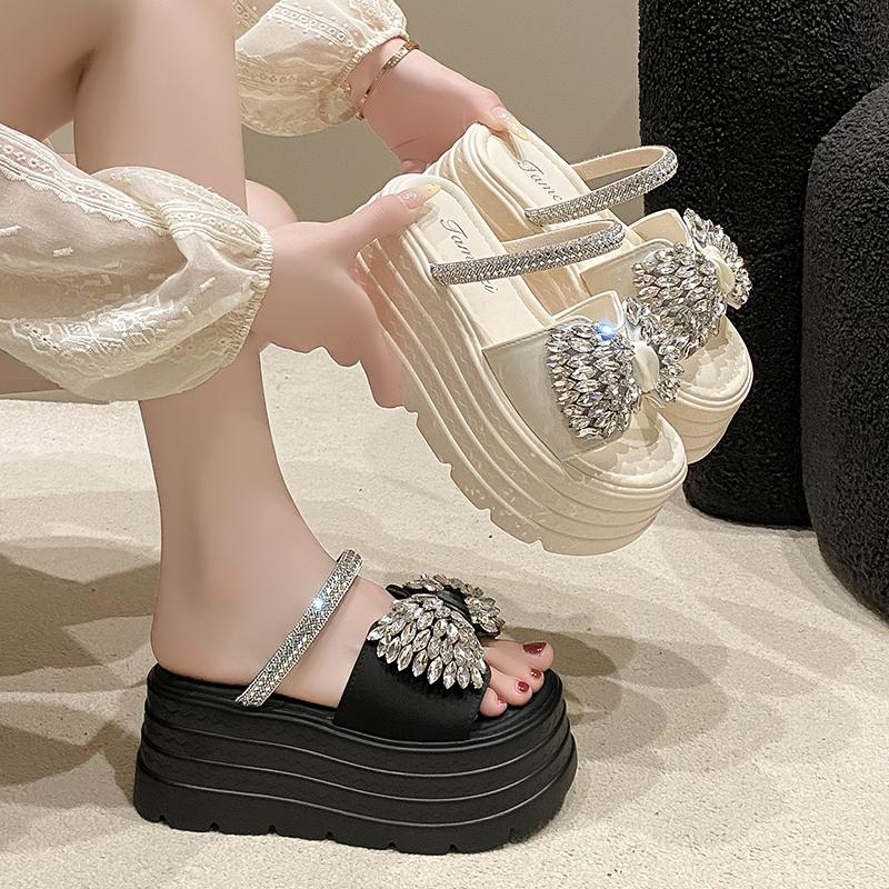 8CM Platform Slippers Sandals Woman Bling Diamond Bowknot Thick Sole Slippers Women Chunky Flip Flops Summer Casual Beach Slides