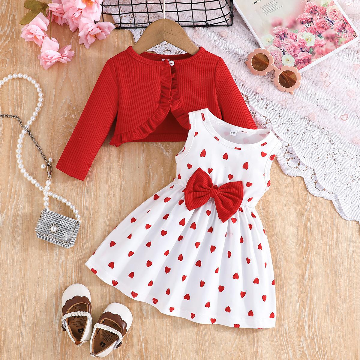 Autumn Two-Piece Set Fashion New Long Sleeve Jacket and Heart Print Vest Dress Set 6-9M