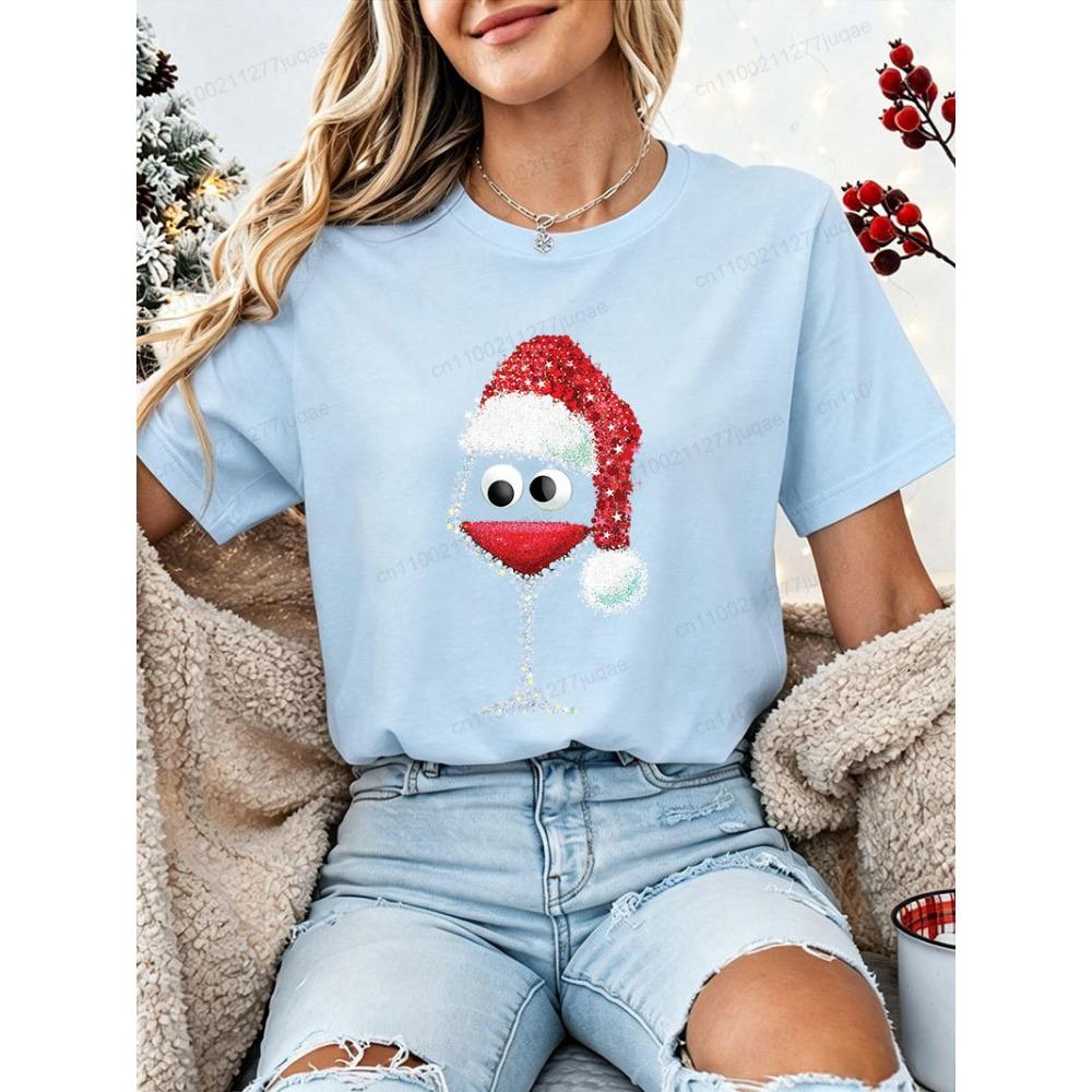 Drinking Christmas T‑Shirt Women Funny Wine Glass Santa Graphic Tee Tops