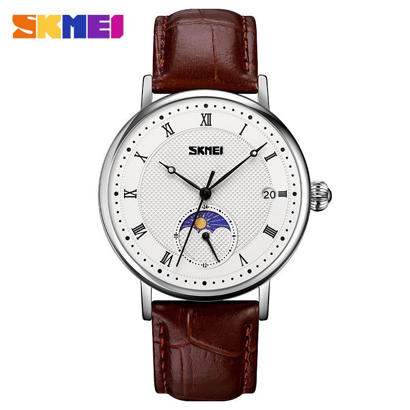 Men s Quartz Leather Strap Watch: Trendy Casual Business with Moon Phase