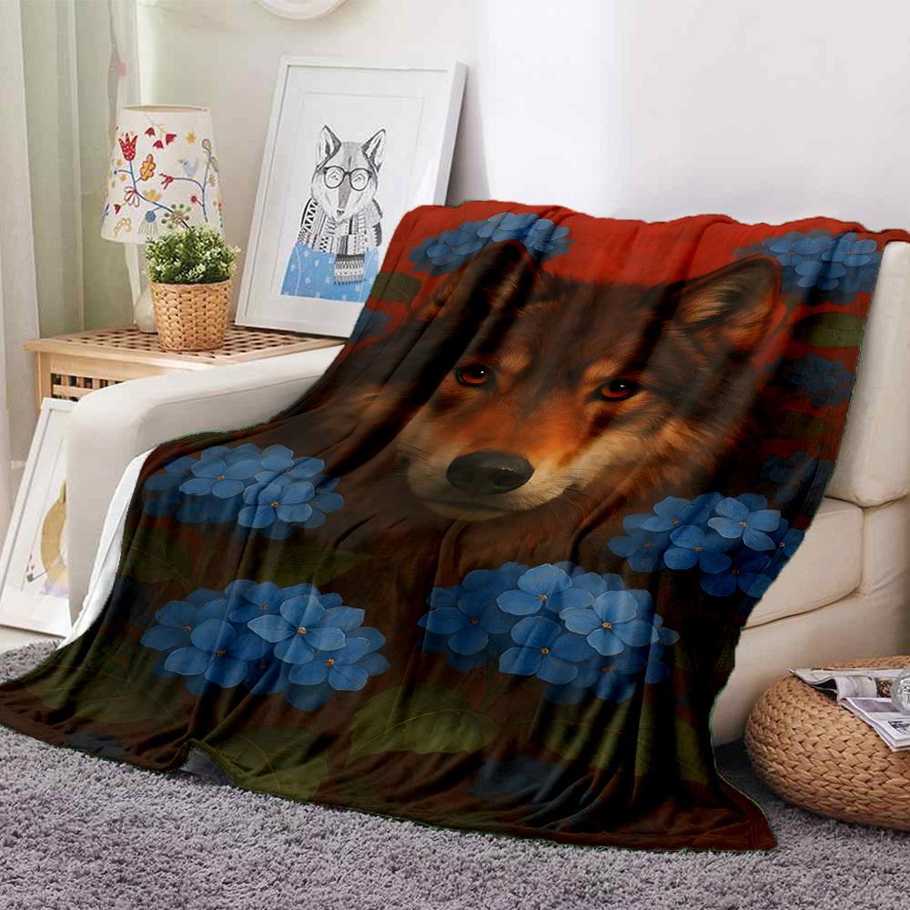 1pc Wolf, Blue Flowers Blanket - Lightweight Flannel Fleece with Digital Printing, Soft Warm for Sofa, Travel, Camping, Office yy251018258