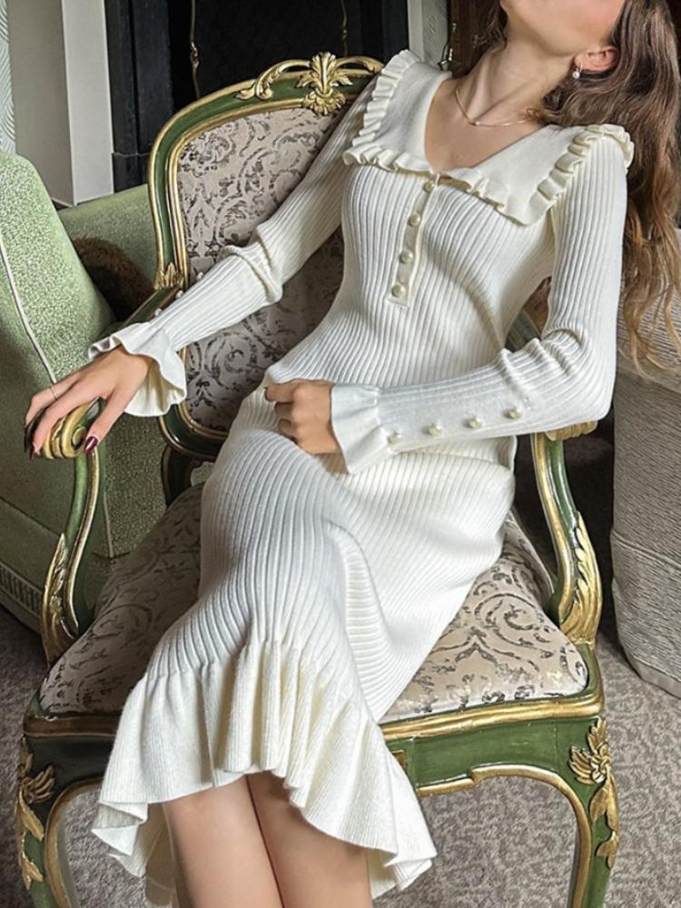 Élégante taille haute à volants Maxi robes femmes automne hiver