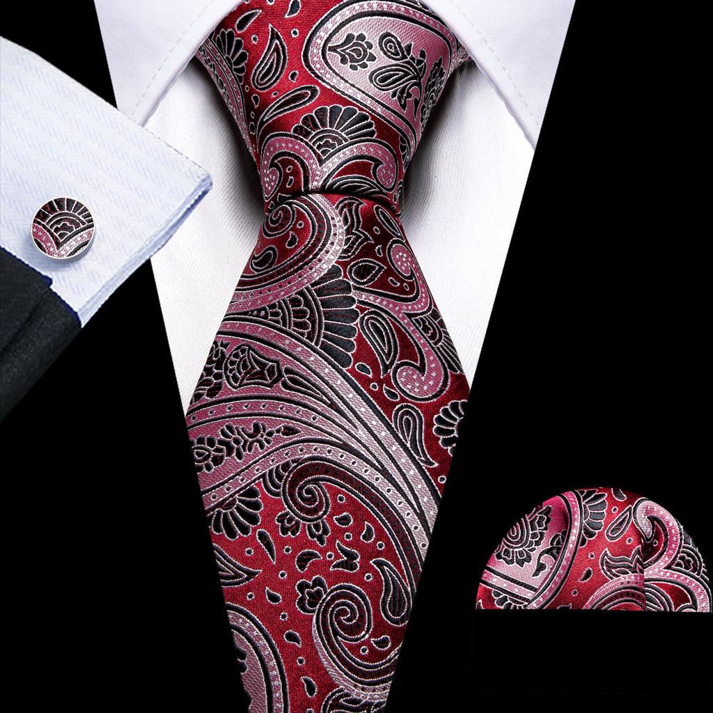 Barry.Wang Floral Ties for Men Woven Paisley Wedding Necktie Handkerchief Cufflinks Formal Casual Set