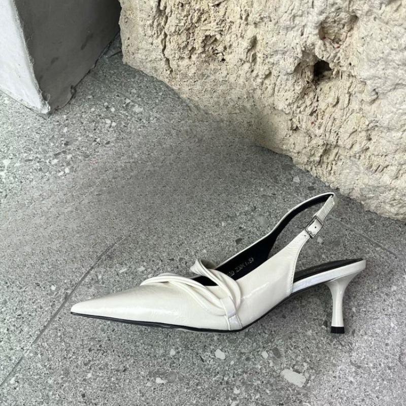 

Temperament Pointed Toe Slender Heel Baotou Sandals Women s Shallow Mouth One-word Trip Strap Back Empty High Heels 40 бежевий