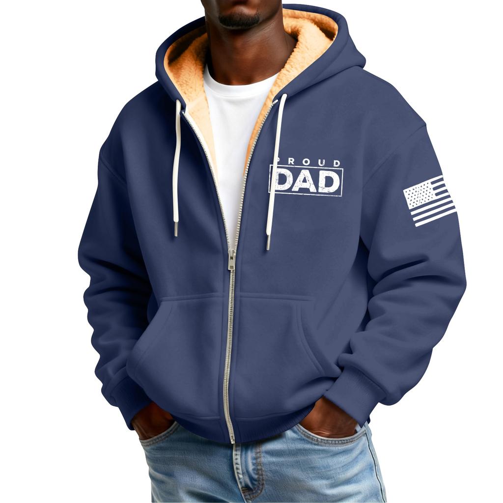 Men's Print Fleece-Lined Zip-Up Pocket Hooded Sweatshirt Cardigan Men's Casual Sweatshirt Cardigan