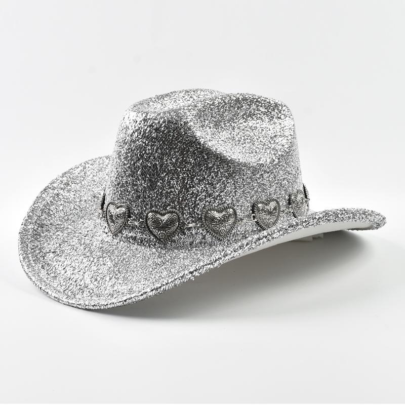 Lady Western Cowboy Hat With Rhinestone Ribbons Silver Jazz Hat For Men To Party In Retro Felt Hats