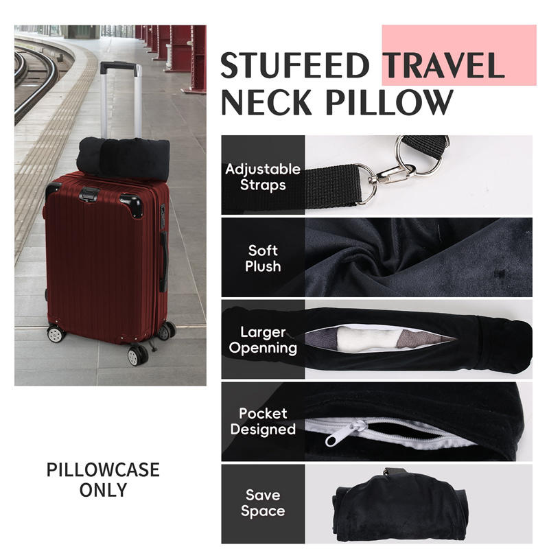 Travel Neck Pillow with Fillable Clothing U-Shaped Pillowcase Extra Storage Bag Velvet Neck Pillow Cover for Airplane Travel Take A Nap