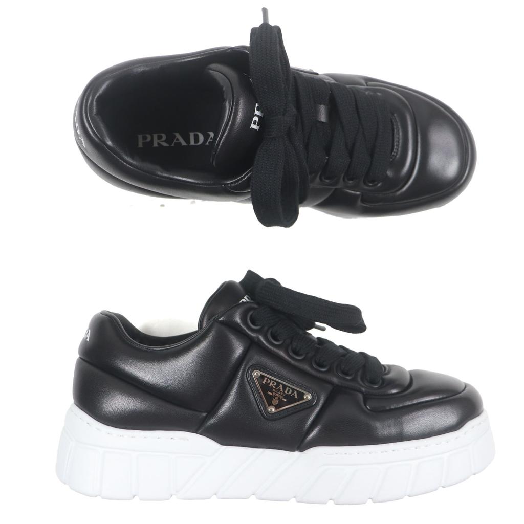 Pristine PRADA Sneakers Triangle Logo Triangle Plate Black Nappa Leather Mens 6 Used