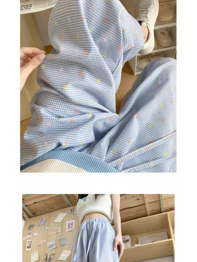 Women's High Waist Blue Polka Dot Straight Leg Pants - Summer Petite Ice Silk, 145-150cm, Wide Leg Design.