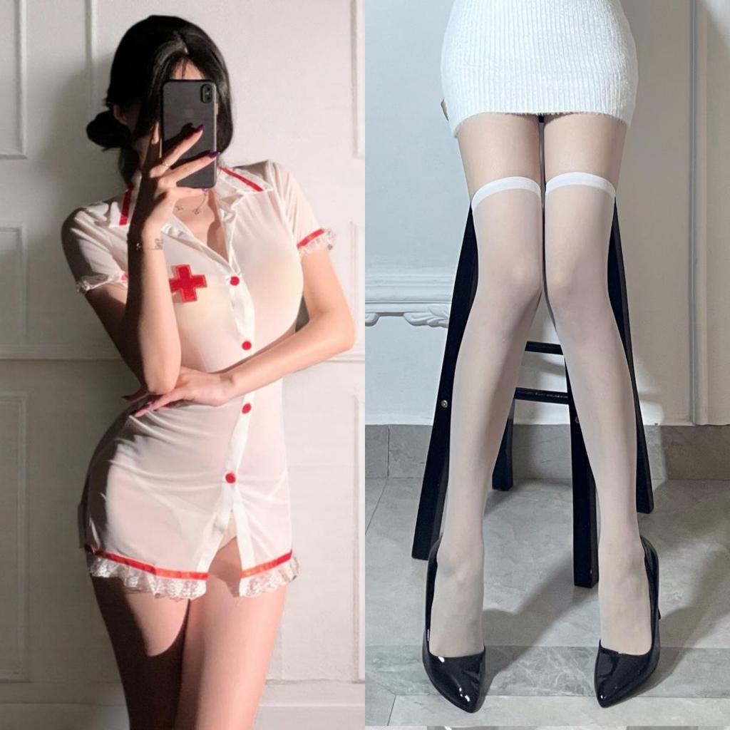 Manbaisha Sexy Sheer Deep V Lace Cosplay Nurse Uniform Set