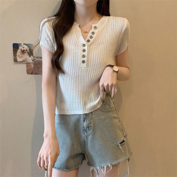 

2025 Белый вязаный укороченный топ для похудения - Летняя мода с коротким рукавом для женщин Medium