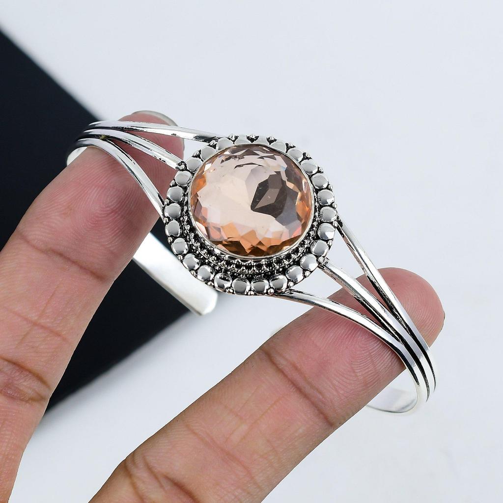 Dainty Morganite Gemstone Handmade Cuff Bangle 925 Sterling Silver Cuff Bangle, Morganite Cuff Bangle For Wife , Unisex Bangle, Birthday Gift