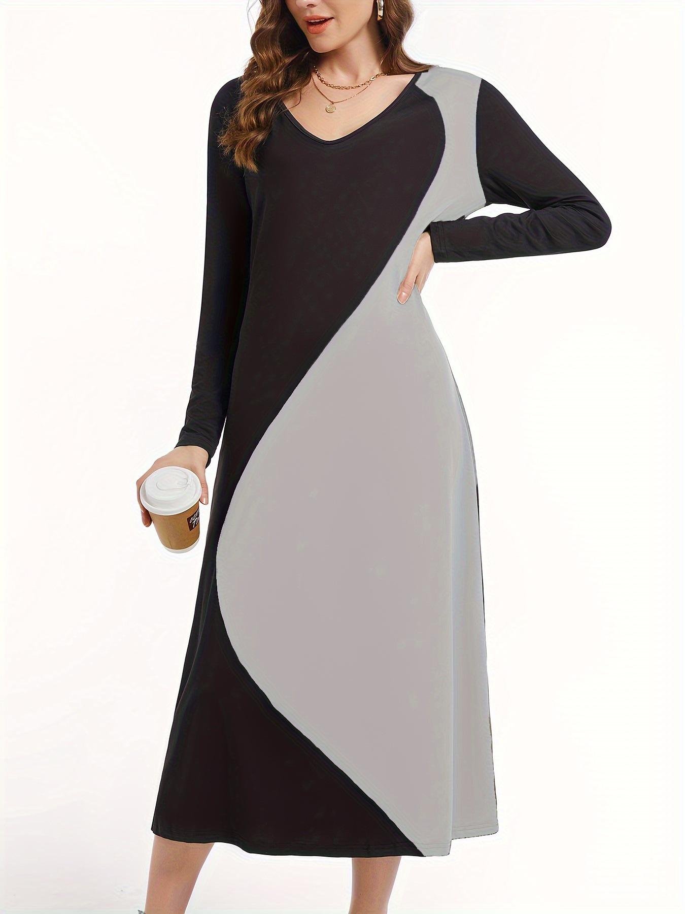 2024 Trendy V-Neck Color Block Patchwork Long Sleeve Dress S серый