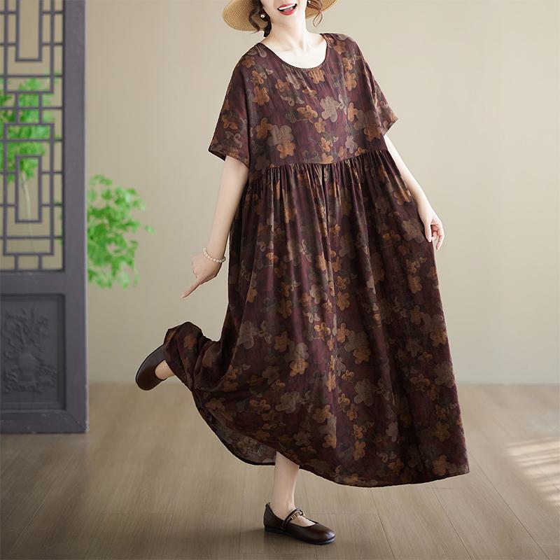 Short Sleeve Plus Size Cotton Vintage Floral New In Dresses for Women Casual Loose Maxi Long Summer Dress