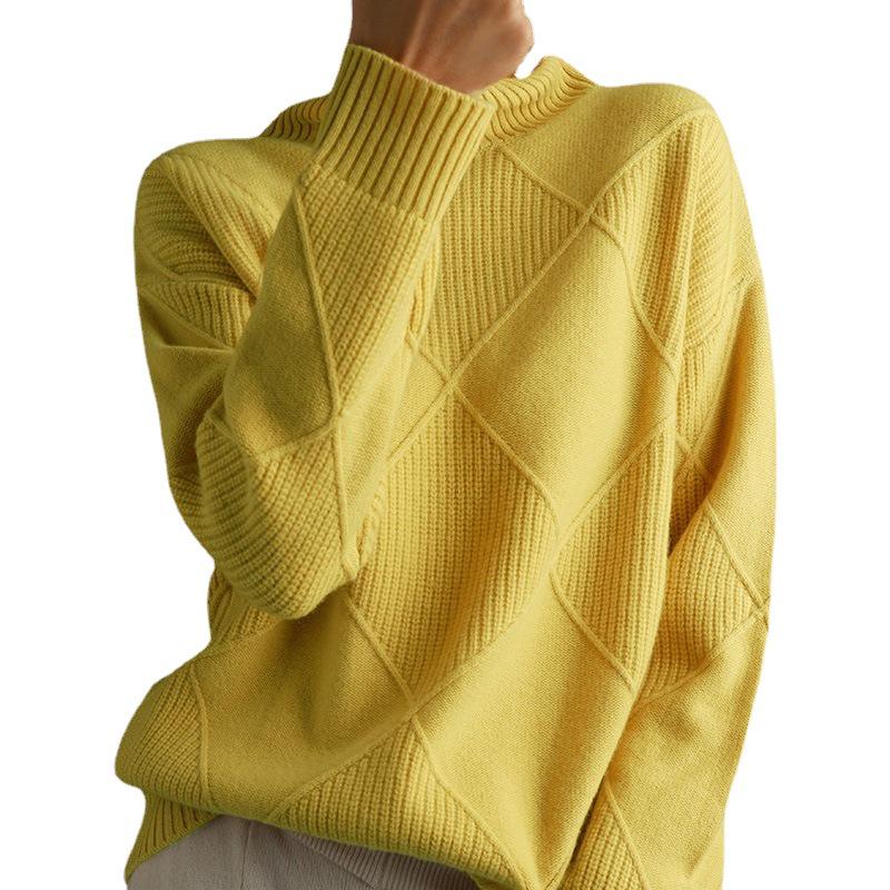 Women's Diamond Pattern High Neck Sweater - Loose Fit, Autumn/Winter Knitwear, Long Sleeve Outerwear, Korean Fashion Style.