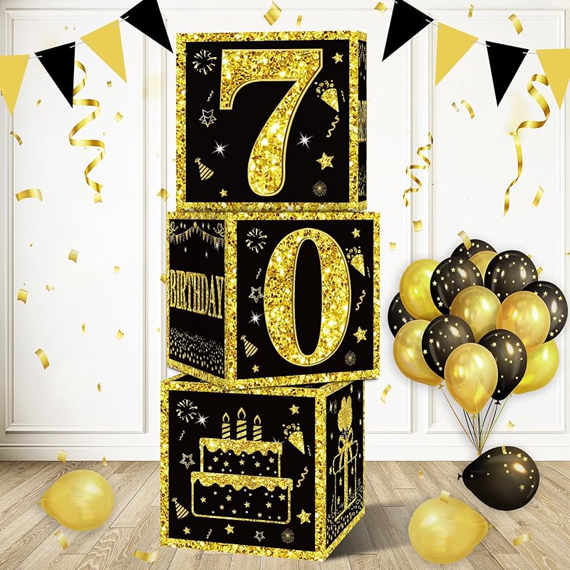 Eiurteao 3pcs 21st Birthday Decorations Boxes for Girls Boys, Black Gold Happy 21 Birthday Balloons Boxes Party Supplies, 21 Year Old Bday Theme Black Gold 70th