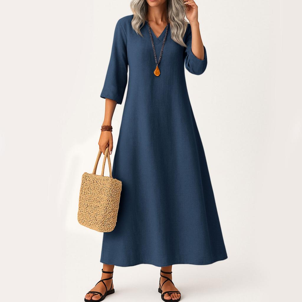 Dress For Women Long Boho Beach Dress Elegant Maxi Dress V-Neck 3/4 Sleeve Dress With Pockets