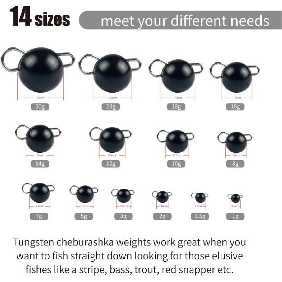 10Pcs Tungsten Cheburashka Weights Fishing Sinkers, 1~30g Tungsten Cannonball Jig Head Fishing Weights Tungsten Cheb Rig Weights, Black