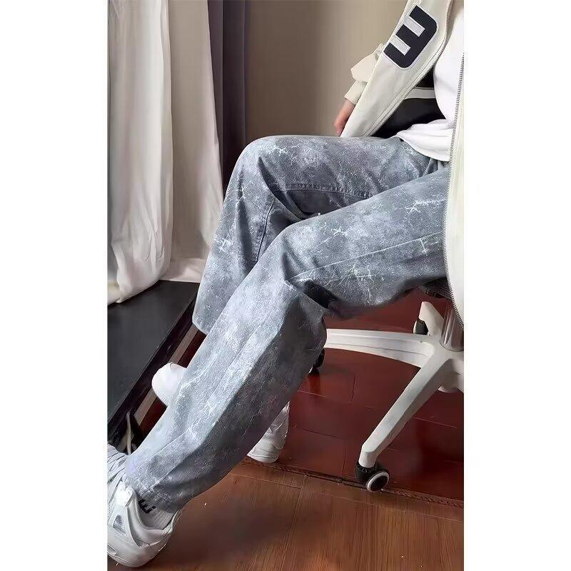 American High Street Snow Pattern Jeans Men's Autumn Niche Design Tie-dyed Pants High Waist Drape Straight and Slightly Pulled Pants
