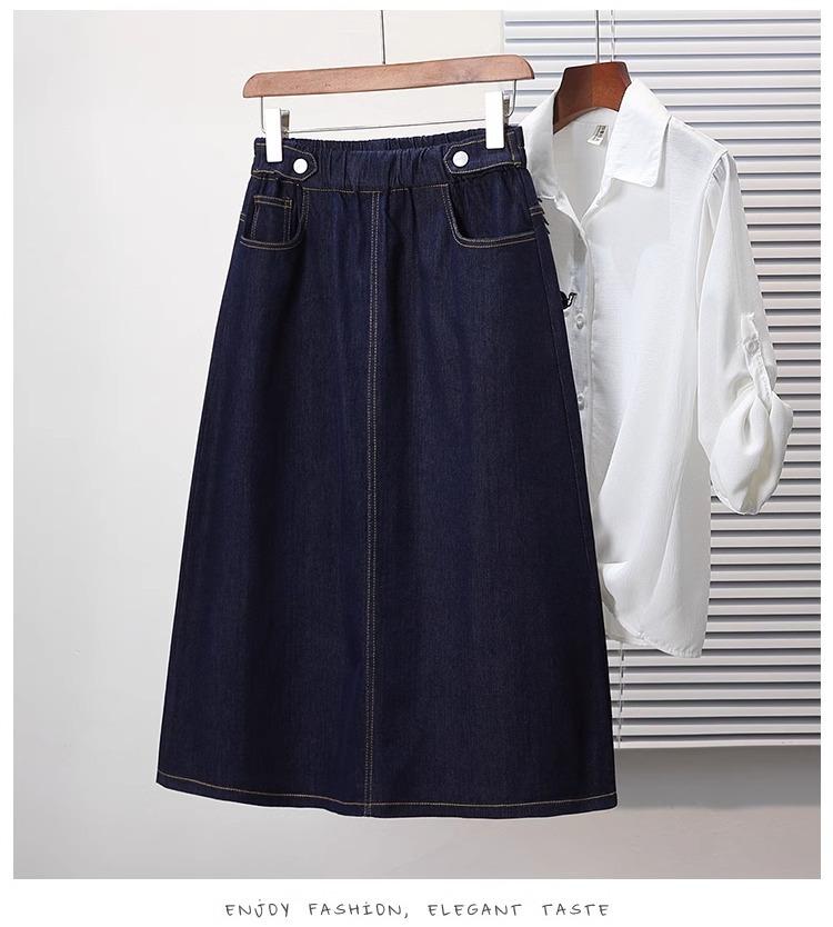 

2025 летняя юбка из денима с эластичной резинкой на талии и средней длины, эластичная, свободная и тонкая юбка-слово average size темно-синий