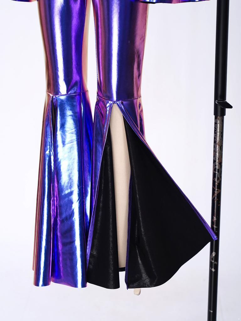 Girls Metallic Disco Jumpsuit Split Flare Legs Long Bell Sleeves Mock Neck Back Invisible Zipper Bodysuit with Matching Headband for Theme Party
