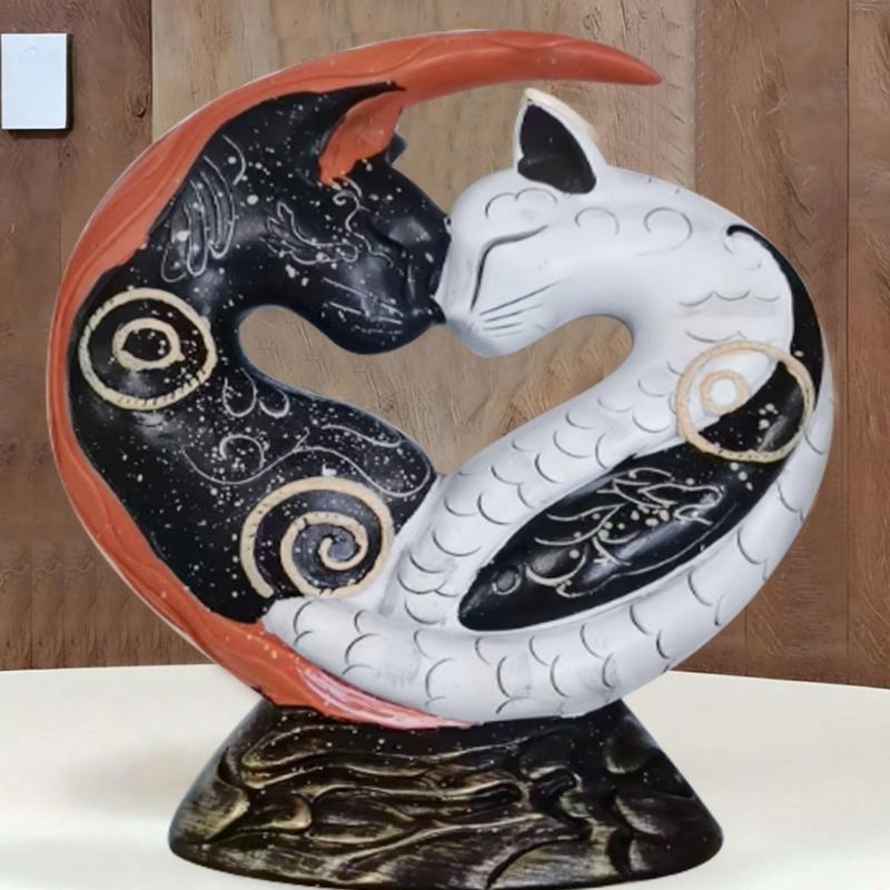 Resin Yin Yangs Cats Statue Black and  Yin Yangs Art Desk Decors,Cats Figurines Tabletop Ornament Home Decorations