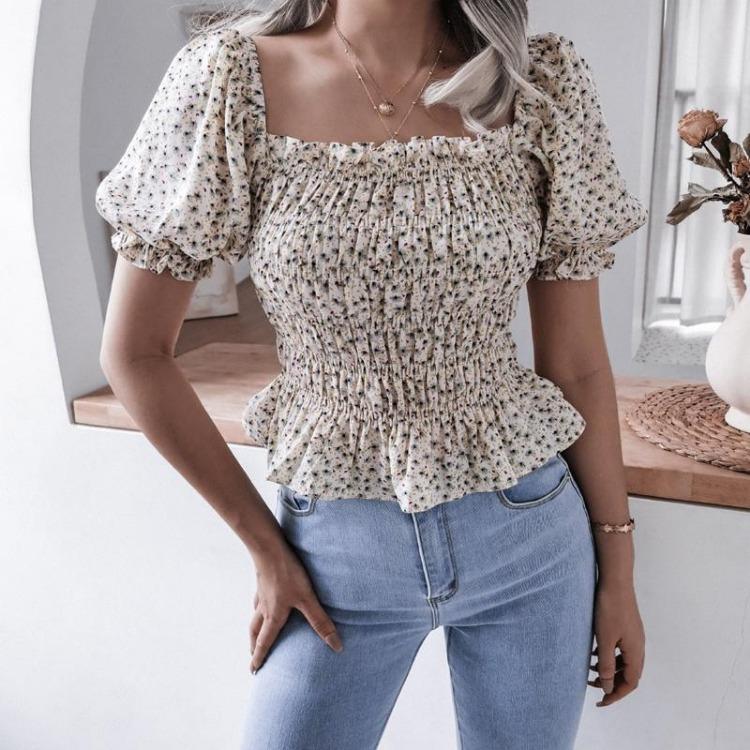 Chic bluse med blomsterprint for kvinner Vår Sommer Firkantet krage Korte lanternermer Kappehem Slank midje Chiffontopp Enkel S-XL