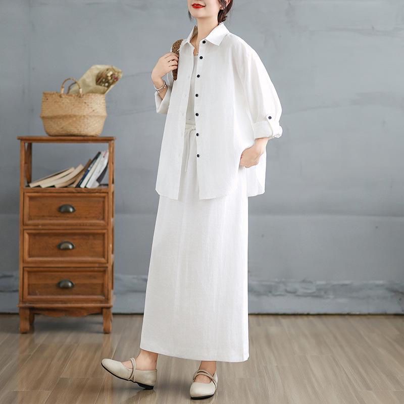 Old Money Style Women s Cotton Linen Shirt and Skirt Set - Elegant Slimming Two-Piece Outfit Large