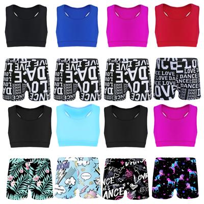 Kids Girls Ballet Dance Sport Racer Back Crop Top with Shorts Gymnastics Activewear