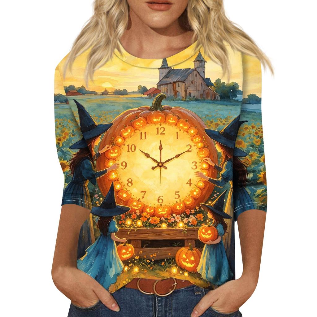 Women's Fashion Casual Halloween Print 3/4 Sleeve T-Shirt with Round Neck