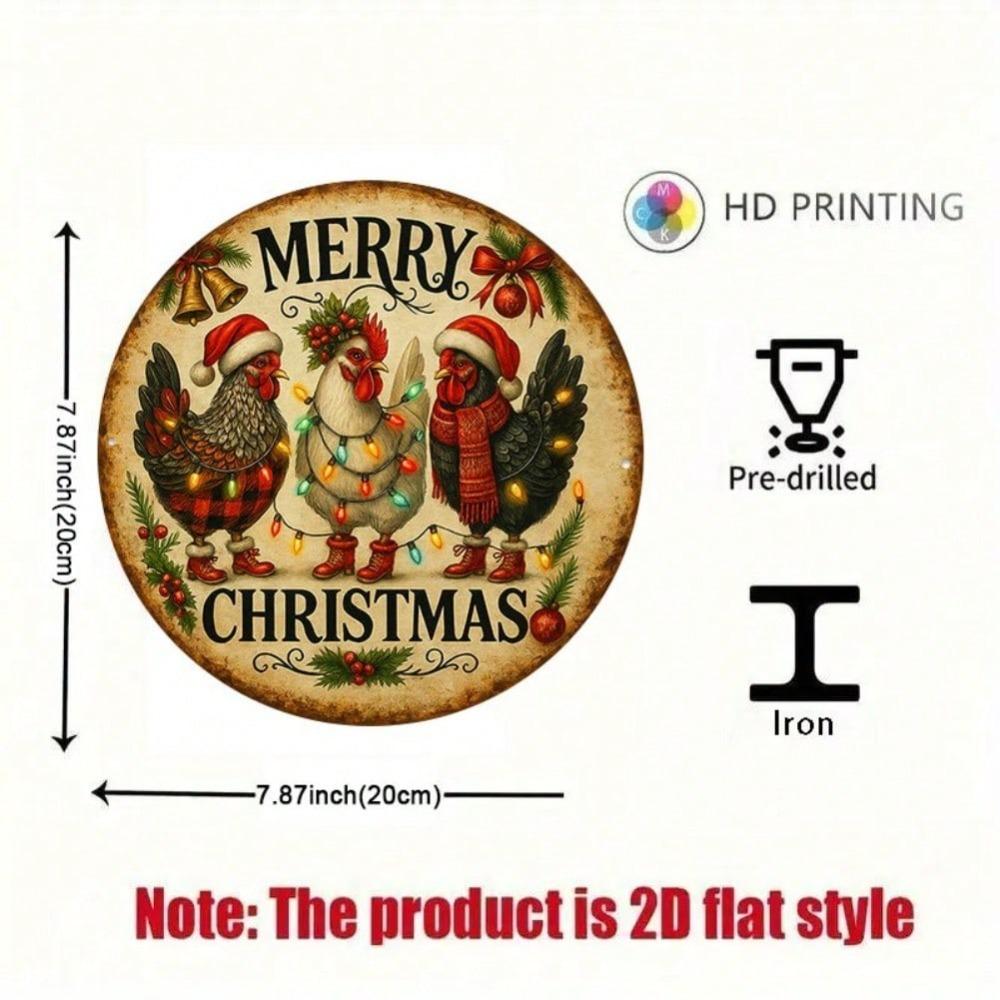 Vintage Christmas Rooster Reindeer Metal Wall Art Sign 8x8 Inch Merry Christmas Decor