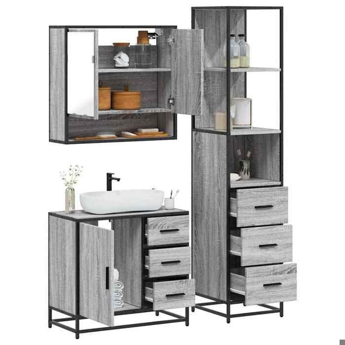 VidaXL Ensemble de meubles de salle de bain 3 pcs Sonoma gris, armoire de rangement, armoire de bain, meuble de toilette 3301168