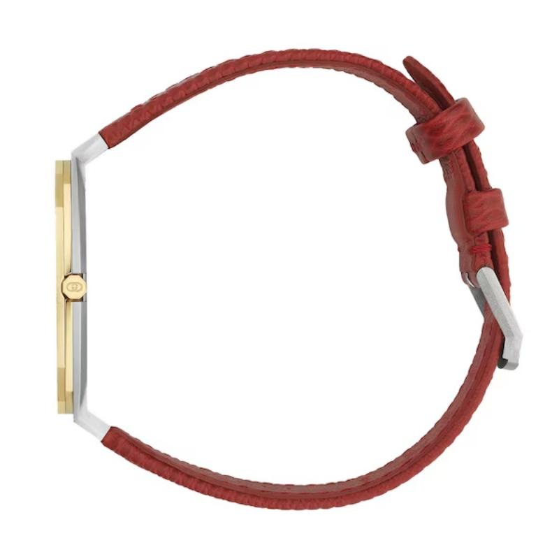 Gucci 25H Gold Dial Watch Red Leather Strap YA163415