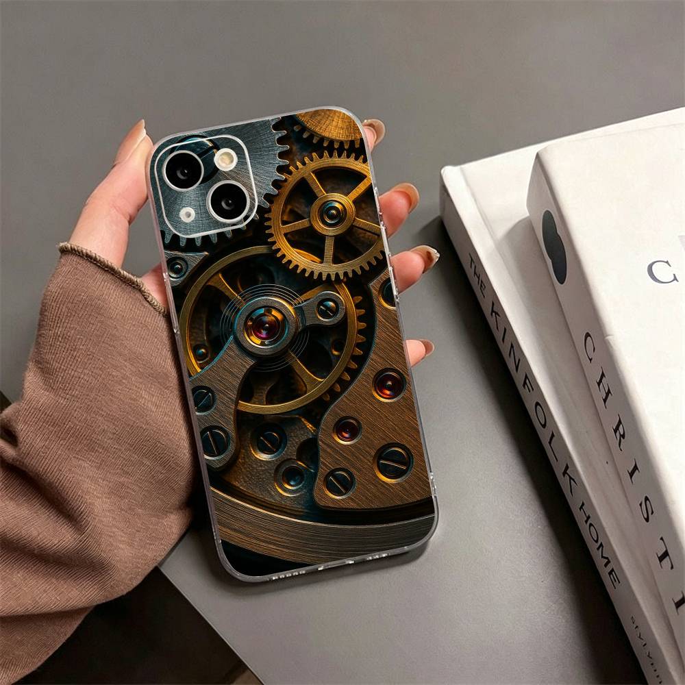 S-Steampunk Gear Mechanical COOL Phone Case For iPhone17,16,15,14,13,12,11 Plus,Pro Max Soft Transparent Cover