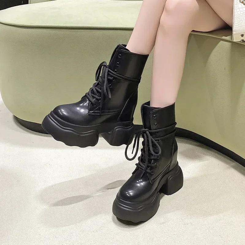Fashion 2025 New 11cm Women Ankle Boots Platform Mid-Calf Motorcycle Women Shoes Boots Autumn Winter Warm Non-slip Female Short Boots