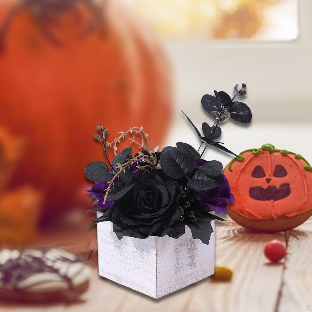 Halloween Artificial Flowers Arrangement in Wooden Box Boxed Faux Desktop Ornament for
