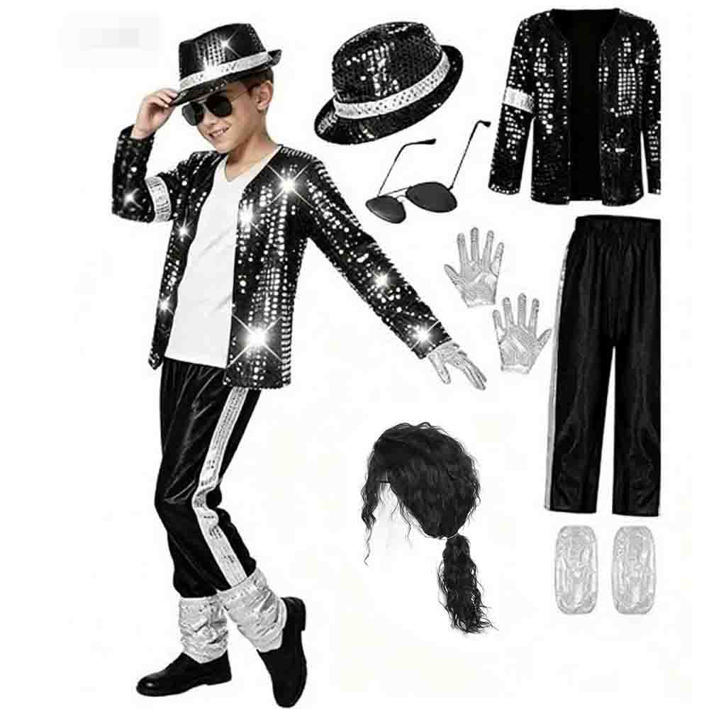 Kids Boy Michael Jackson Cosplay Black Suit Dance Disco Halloween Fancy Dress Up 80s Pop King Costume for Top Pants