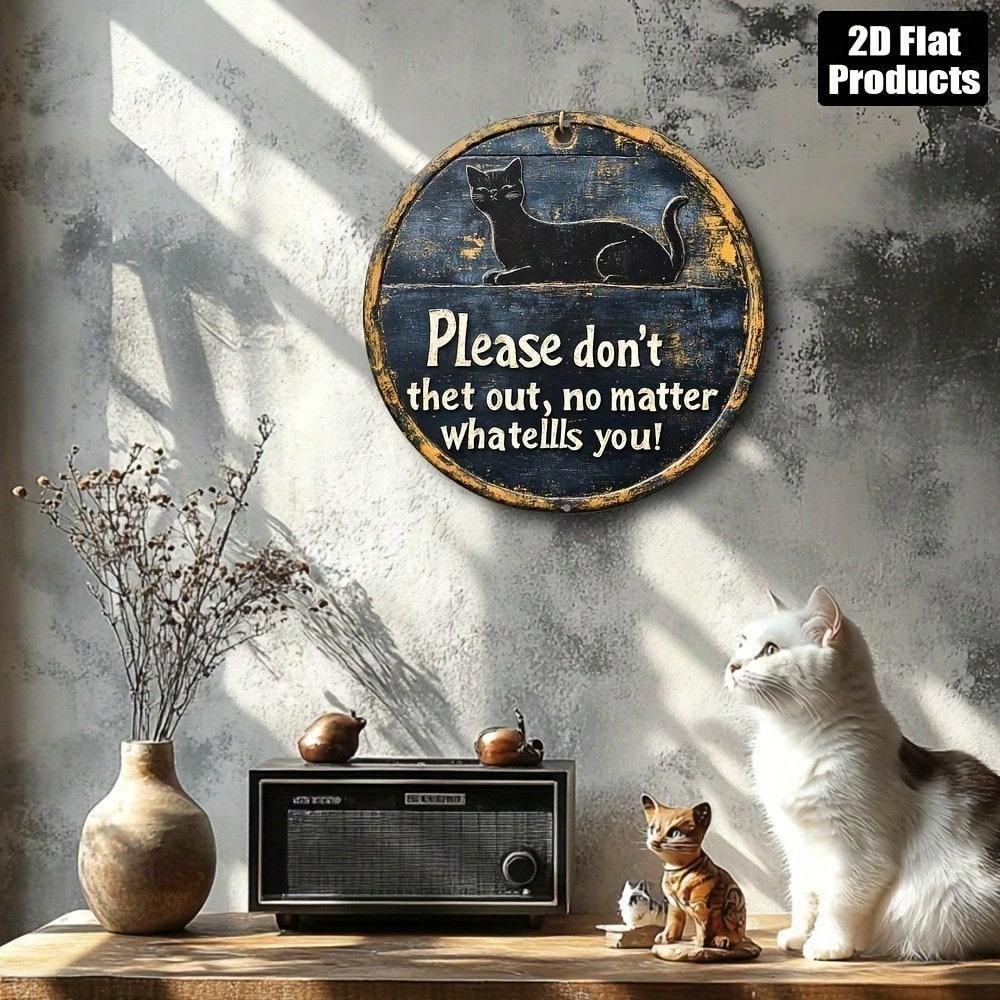 Vintage Please Don't Let Cat Out Round Metal Sign Playful Black Cat Wall Art Rust Free Aluminum Decor