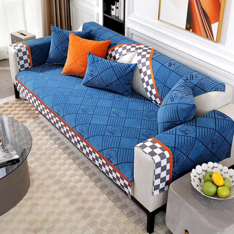 Nordic Luxury Sofa Covers Cushion L Shape Leather Couch Cover Black White Squares Edging Non-slip Back Towel for Living Room