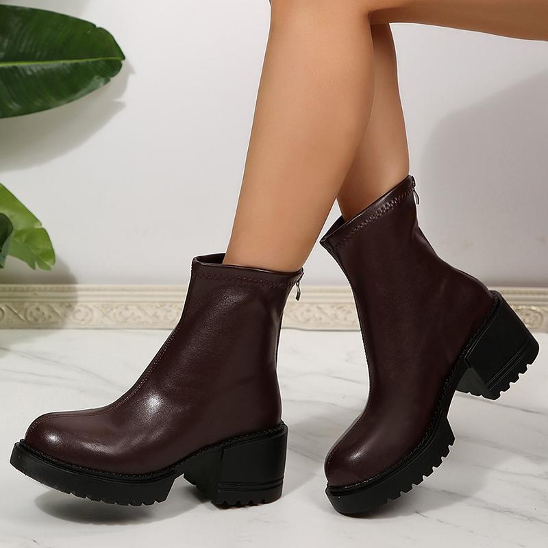 Fashion Fashion Thick Heels Ankle Boots Women 2025 Back Zipper Plus Size 35-42 Pu Leather Boots Woman Round Toe Platform Booties Mujer