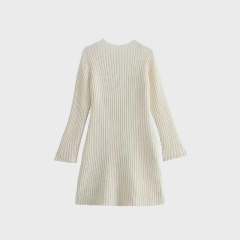 Autumn Women's Ribbed Knit Long-Sleeve Dress - Simple Style Short Skirt