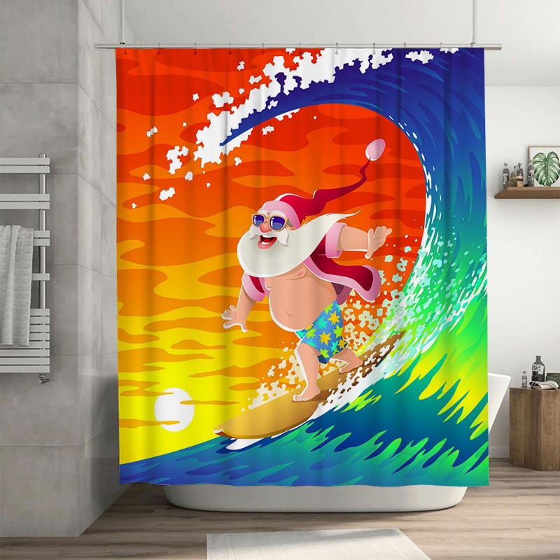 

Tu Santa Surfing Shower Curtain Tropical Christmas Beach Themed Bathroom Decor Festive Holiday Vibes Waterproof Home Decor Gift W60H190(CM)-1 Pcs
